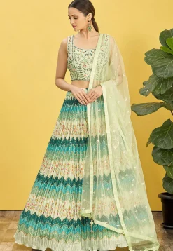 Bandhej Printed Chinon Silk Lehenga in Green