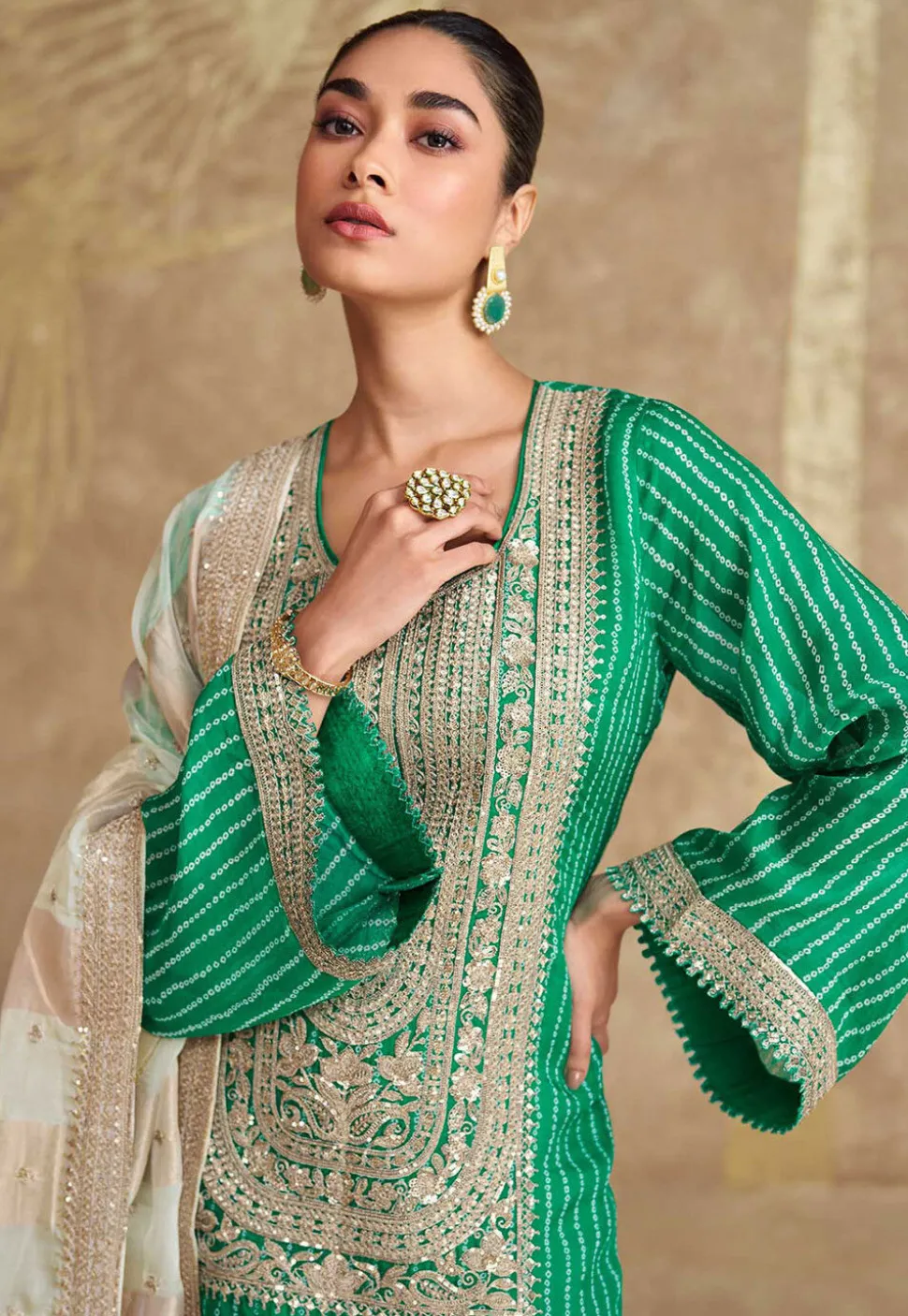 Bandhej Printed Chinon Silk Pakistani Suit in Teal Green