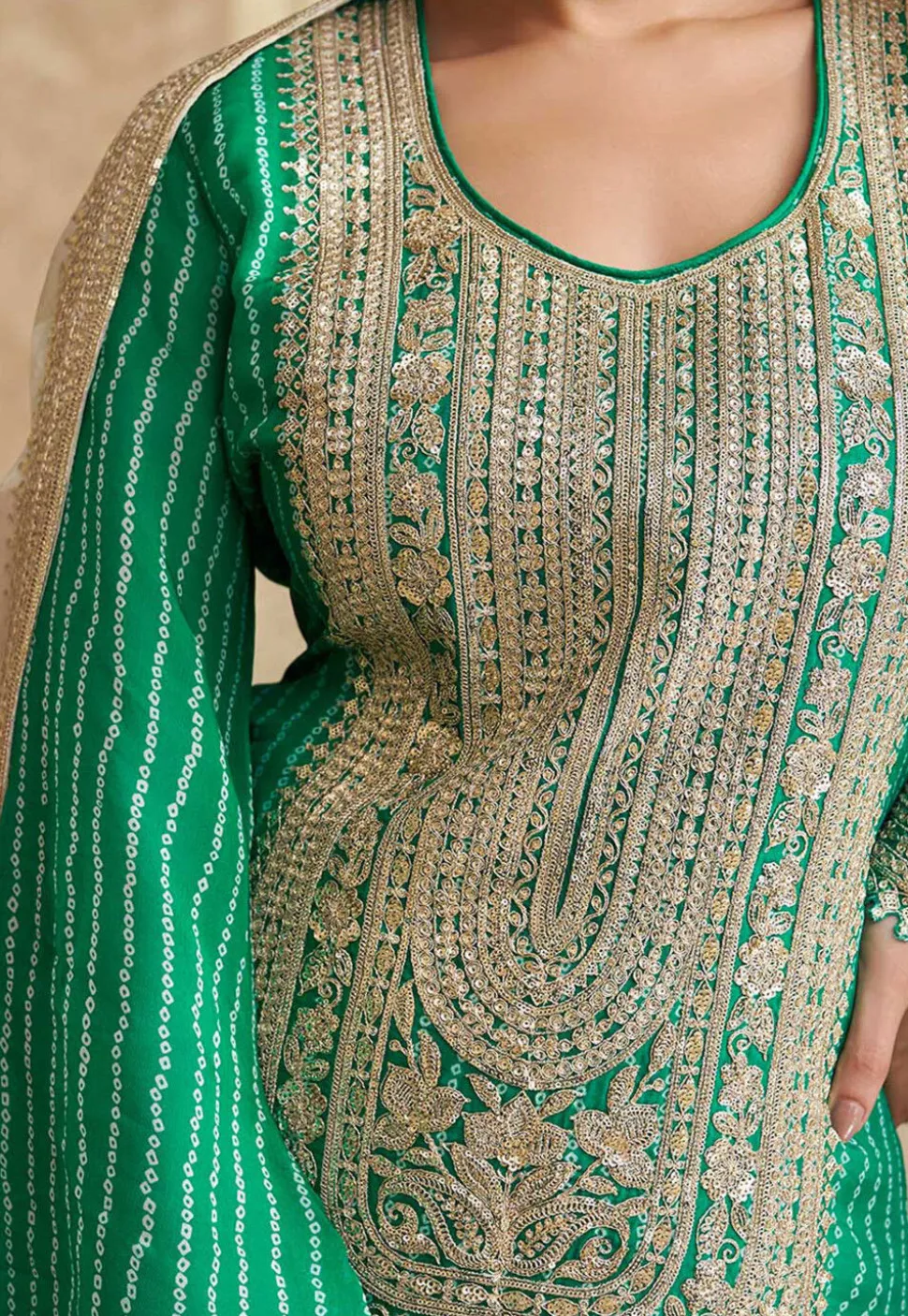 Bandhej Printed Chinon Silk Pakistani Suit in Teal Green