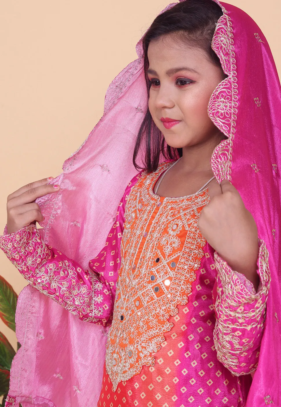 Bandhej Printed Chinon Silk Pakistani Suit in Orange and Pink