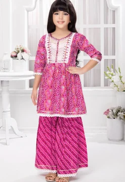 Bandhej Printed Cotton A Line Kurta Set in Purple
