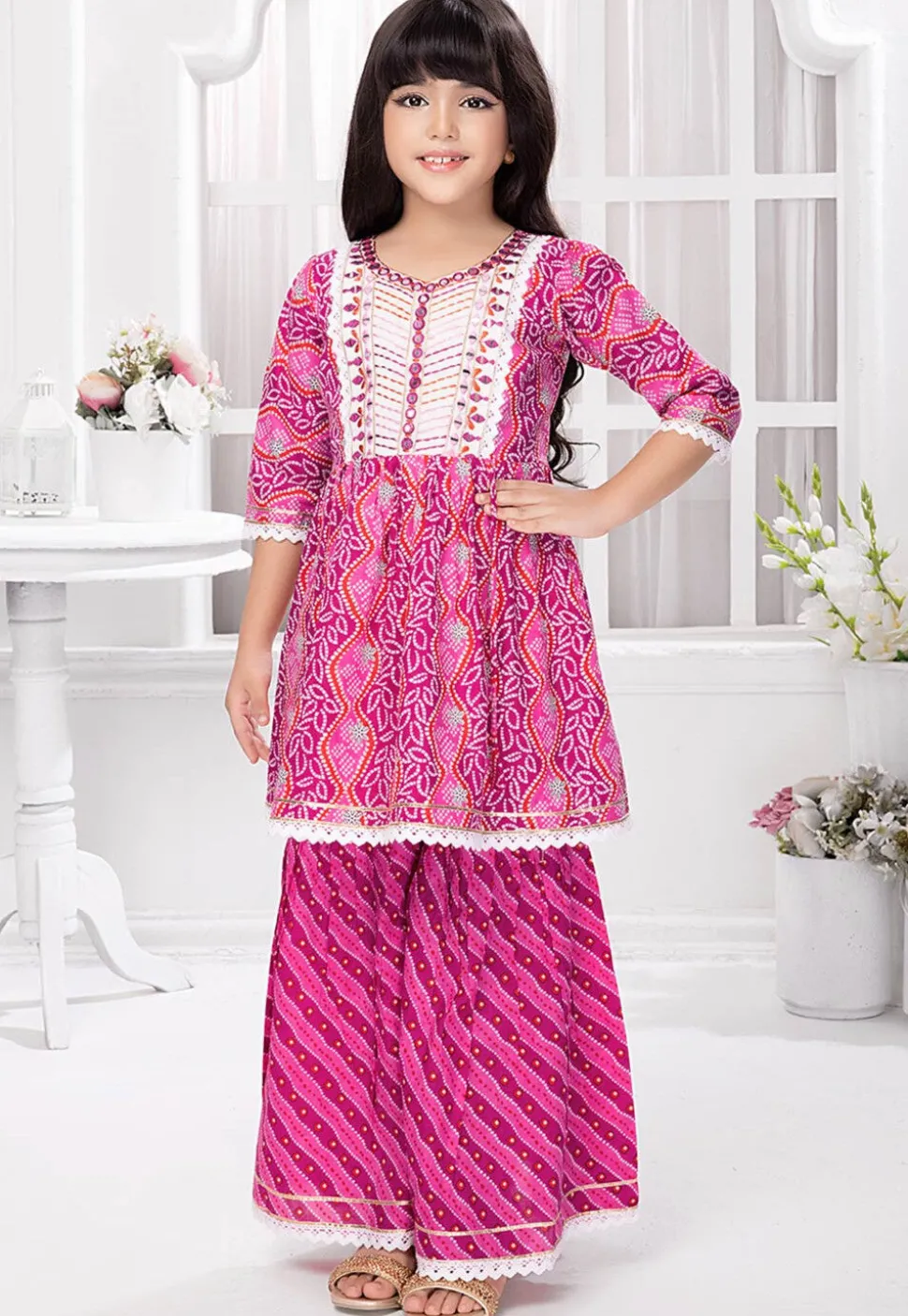 Bandhej Printed Cotton A Line Kurta Set in Purple