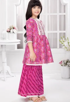 Bandhej Printed Cotton A Line Kurta Set in Purple