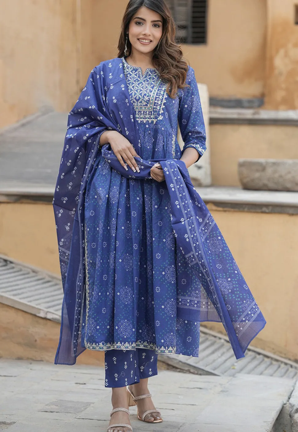 Bandhej Printed Cotton A Line Suit in Navy Blue