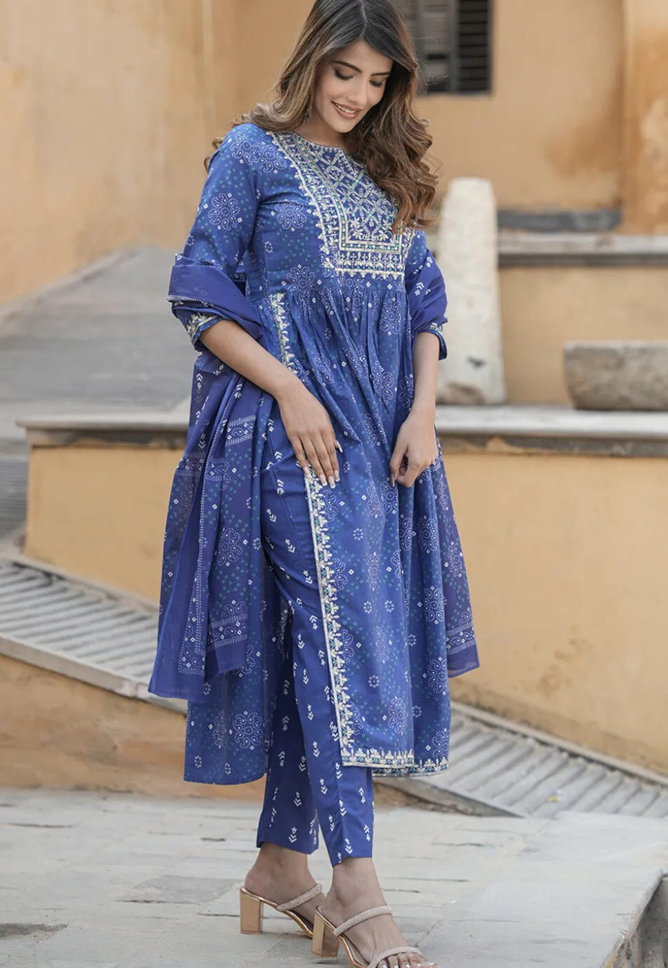 Bandhej Printed Cotton A Line Suit in Navy Blue