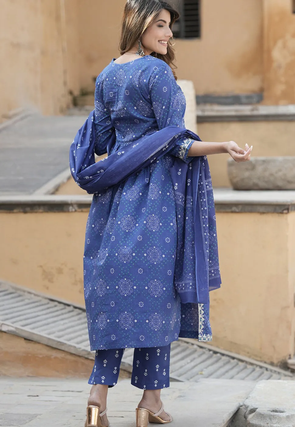 Bandhej Printed Cotton A Line Suit in Navy Blue