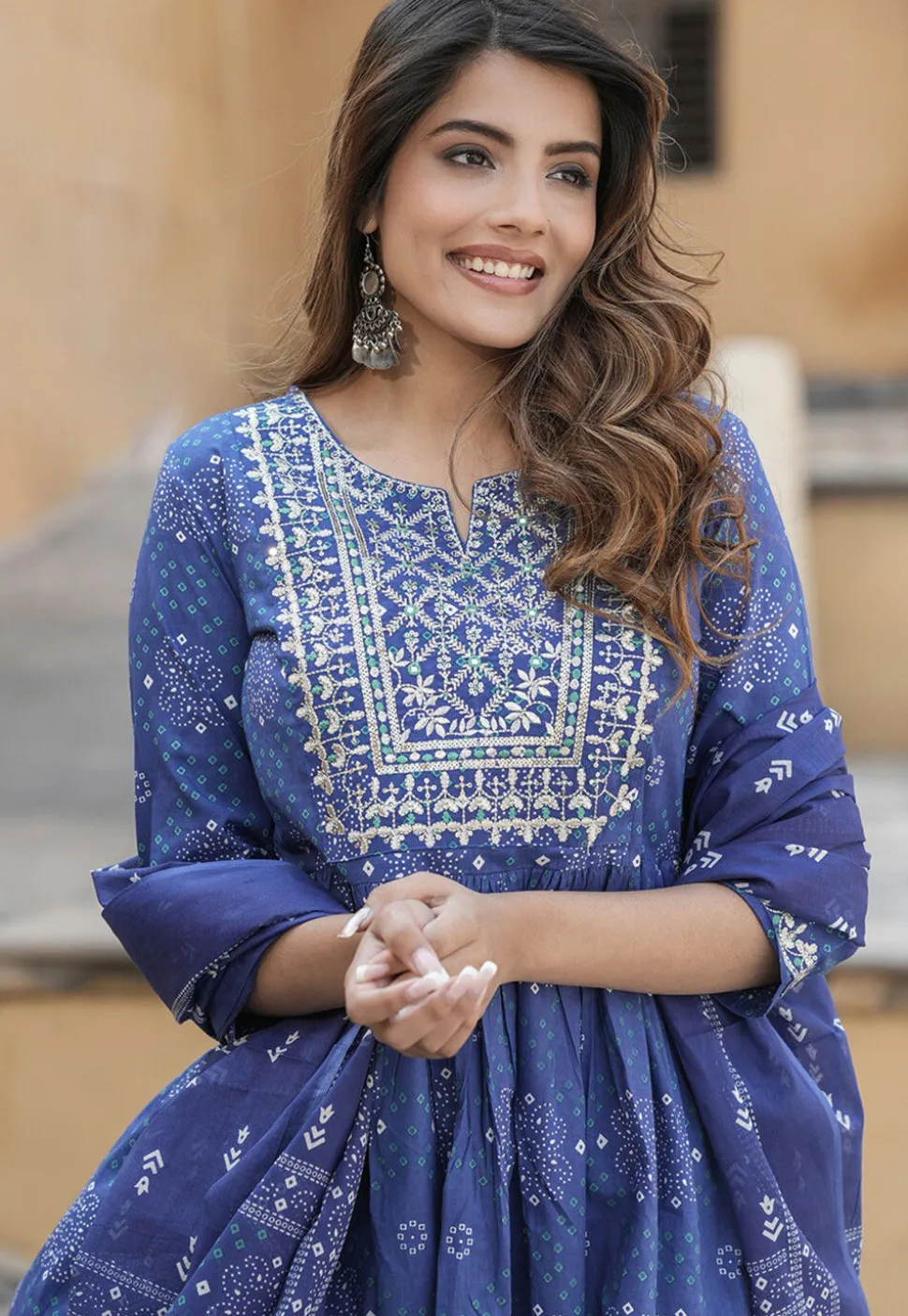 Bandhej Printed Cotton A Line Suit in Navy Blue