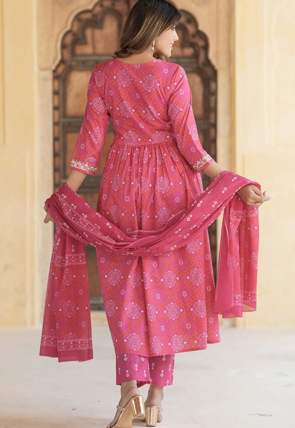 Bandhej Printed Cotton A Line Suit in Pink