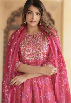 Bandhej Printed Cotton A Line Suit in Pink