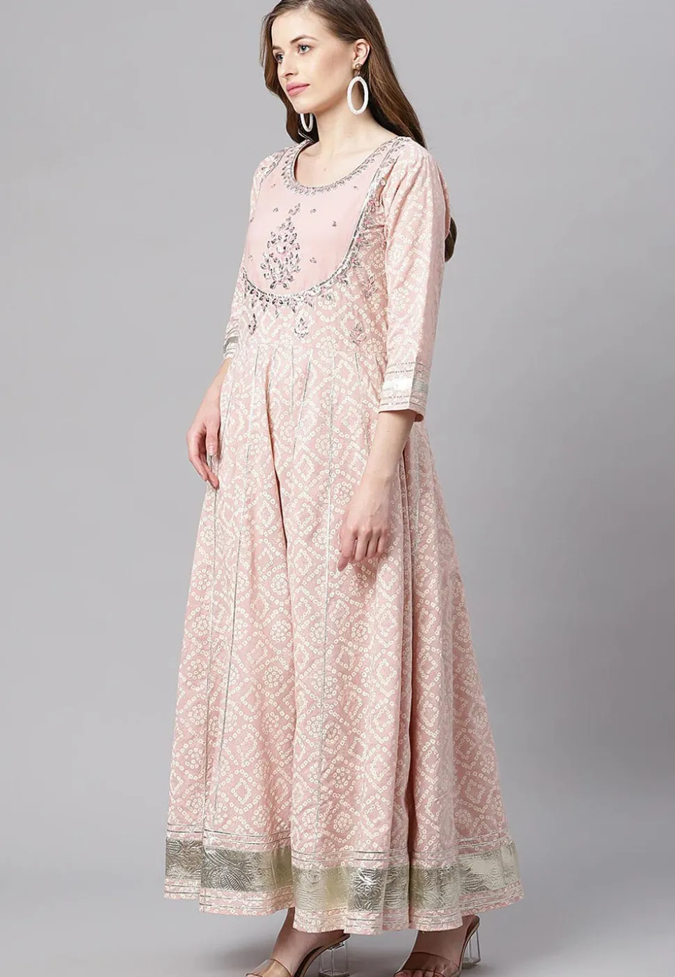 Bandhej Printed Cotton Anarkali Suit in Light Pink