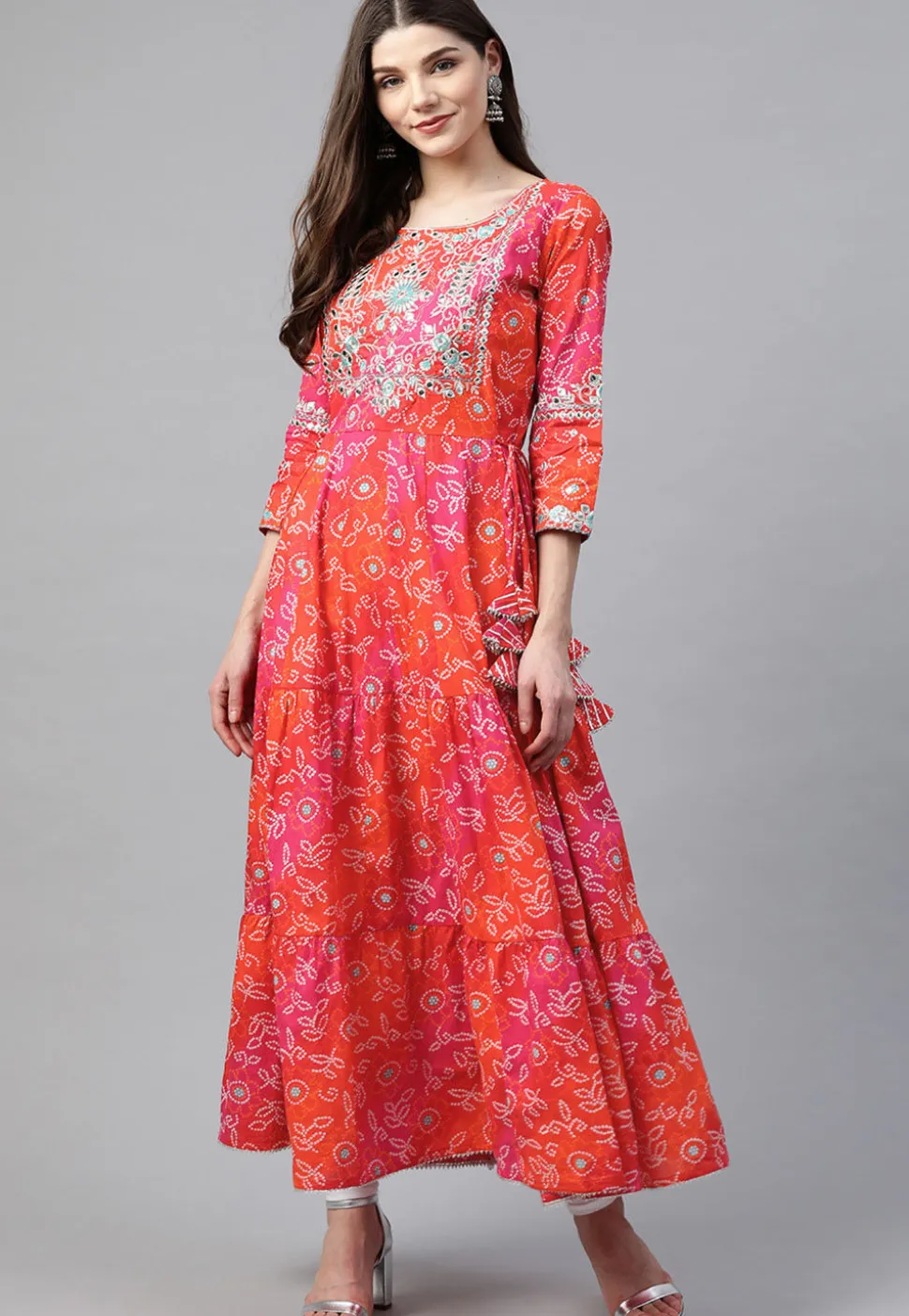 Bandhej Printed Cotton Anarkali Kurta in Orange and Pink