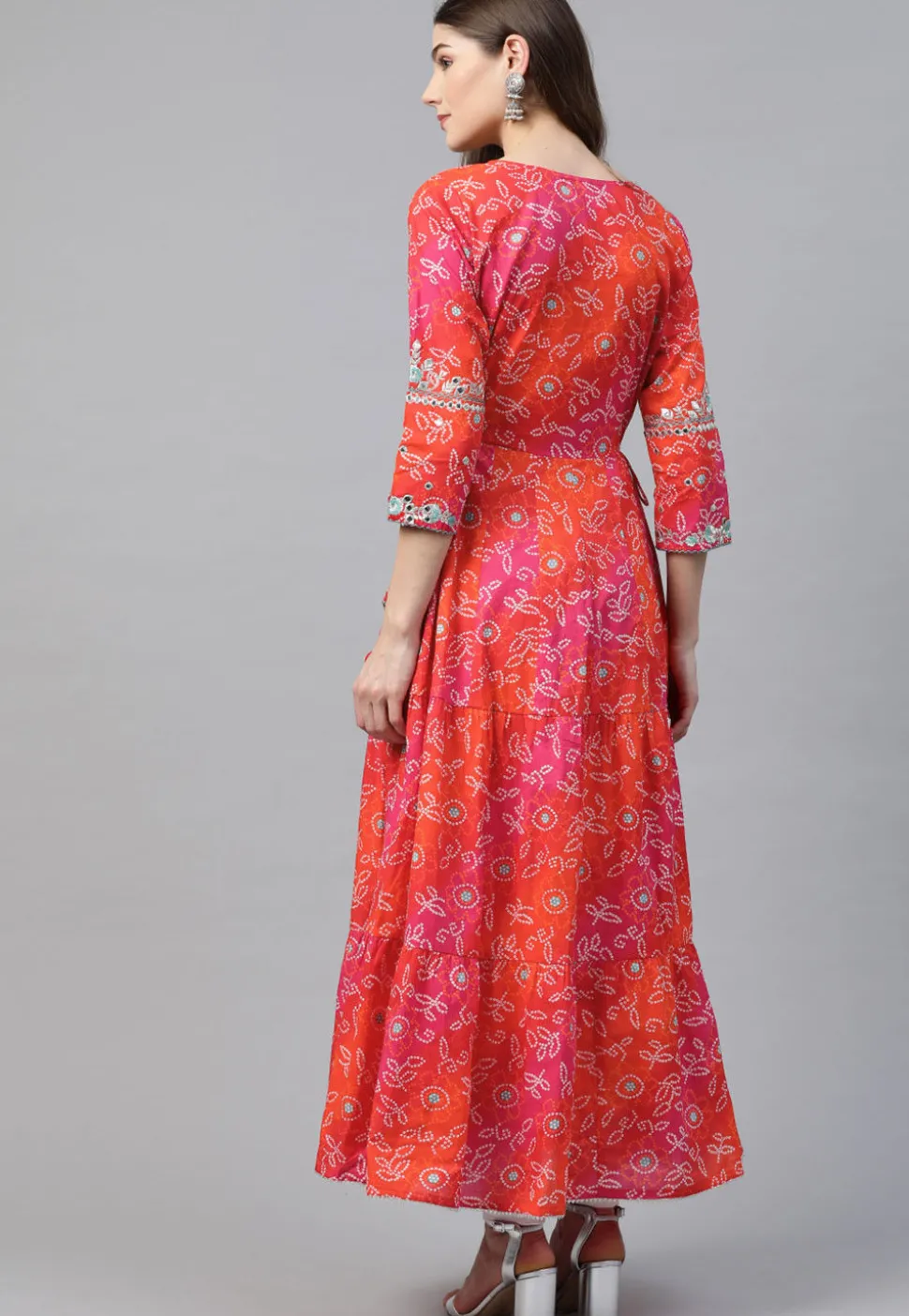 Bandhej Printed Cotton Anarkali Kurta in Orange and Pink