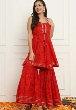 Bandhej Printed Cotton Co Ord Set in Red