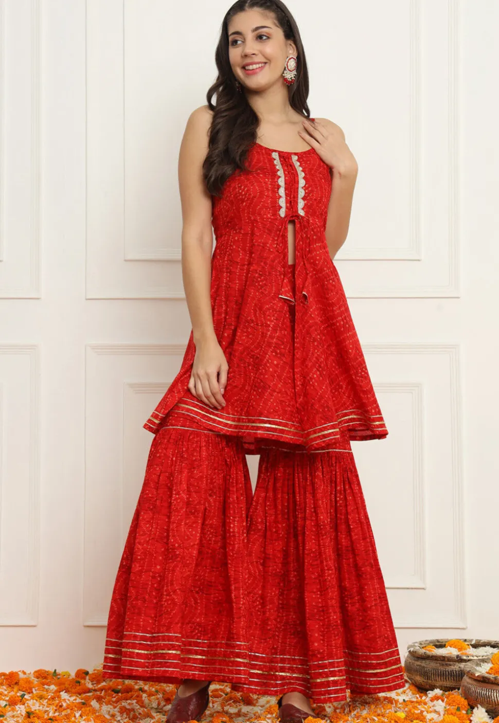 Bandhej Printed Cotton Co Ord Set in Red