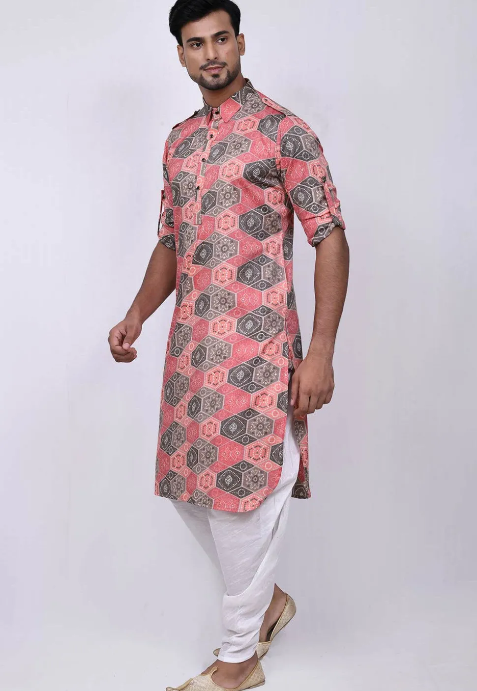 Bandhej Printed Cotton Dhoti Kurta in Pink