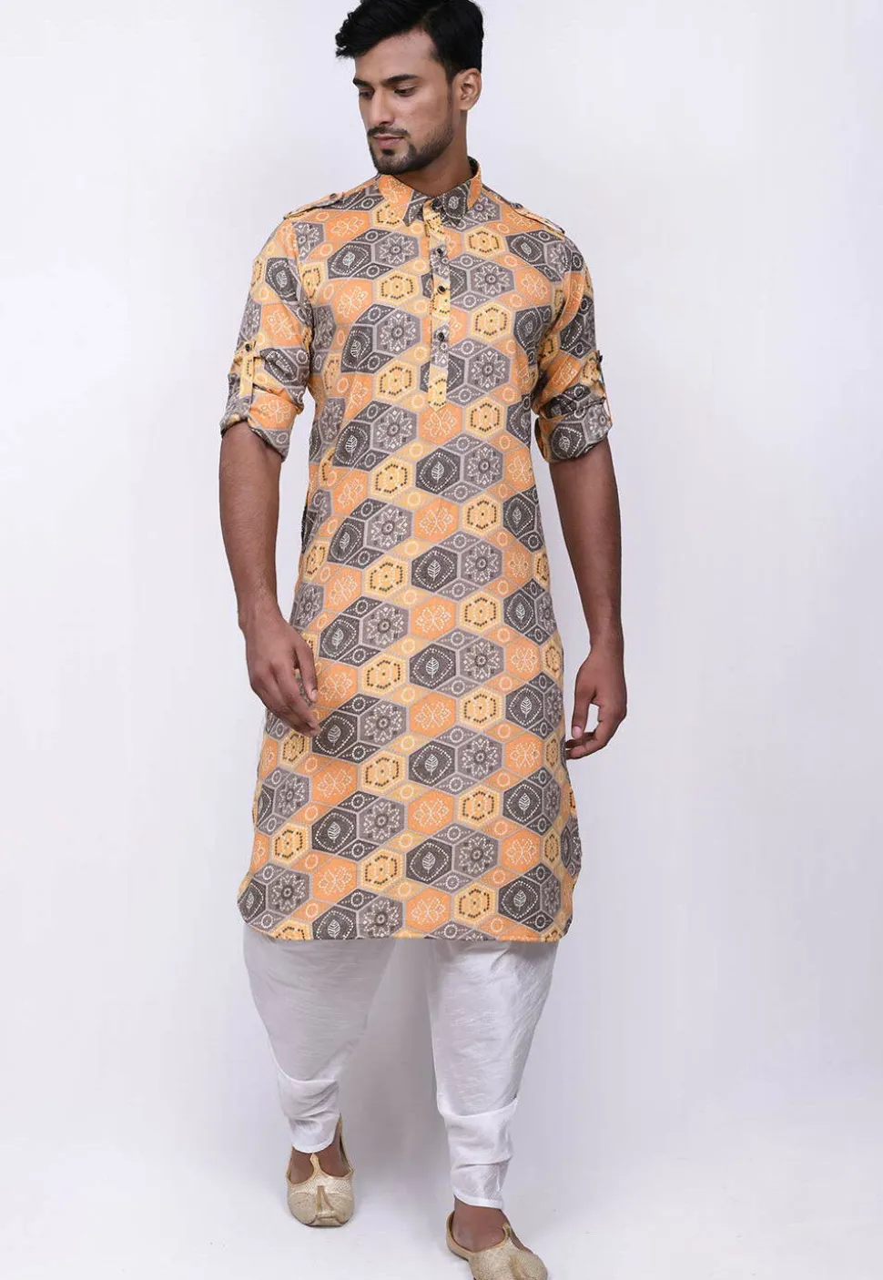 Bandhej Printed Cotton Dhoti Kurta in Yellow