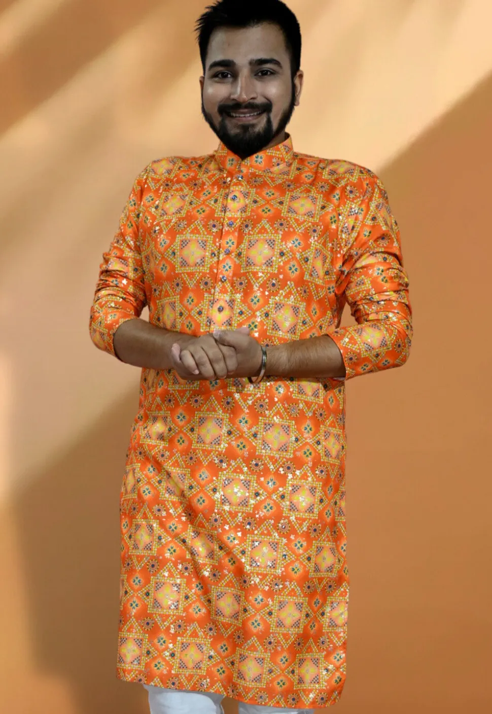 Bandhej Printed Cotton Kurta in Orange