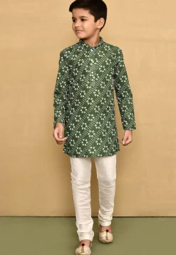 Bandhej Printed Cotton Kurta in Olive Green