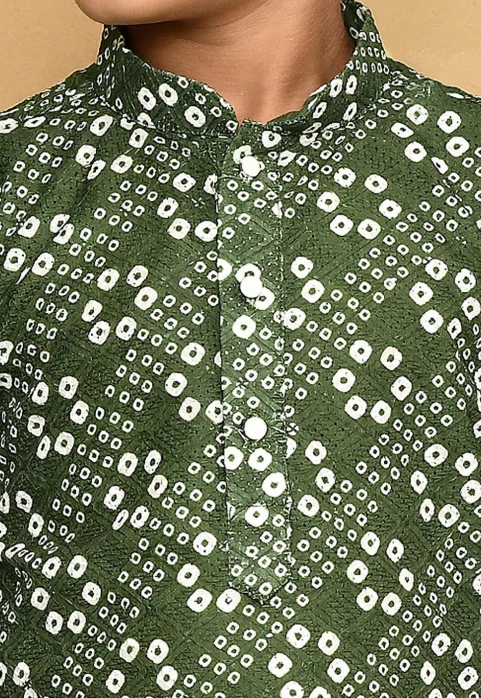 Bandhej Printed Cotton Kurta in Olive Green