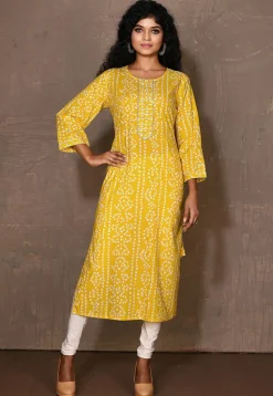Bandhej Printed Cotton Kurta in Yellow