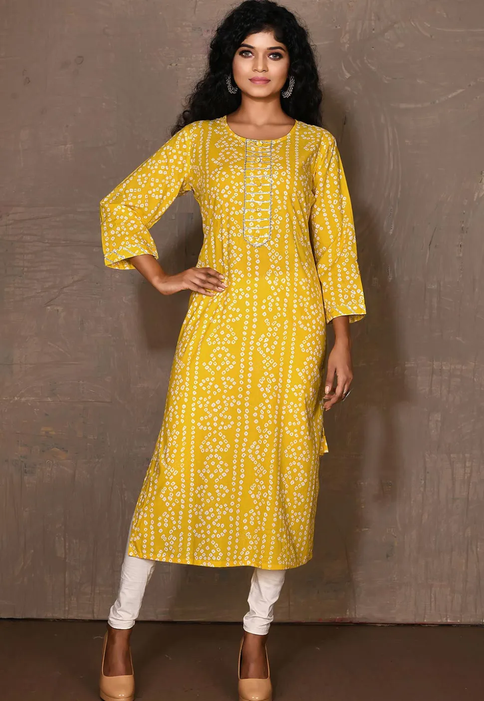 Bandhej Printed Cotton Kurta in Yellow