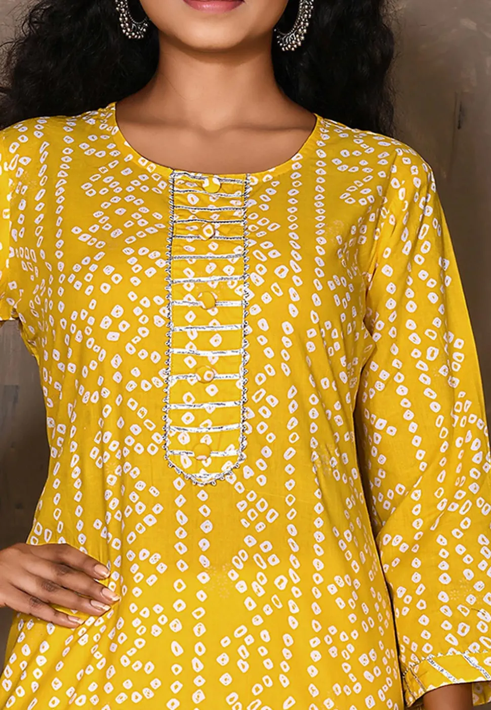 Bandhej Printed Cotton Kurta in Yellow
