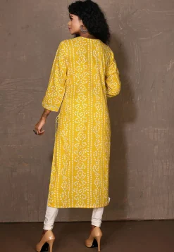 Bandhej Printed Cotton Kurta in Yellow