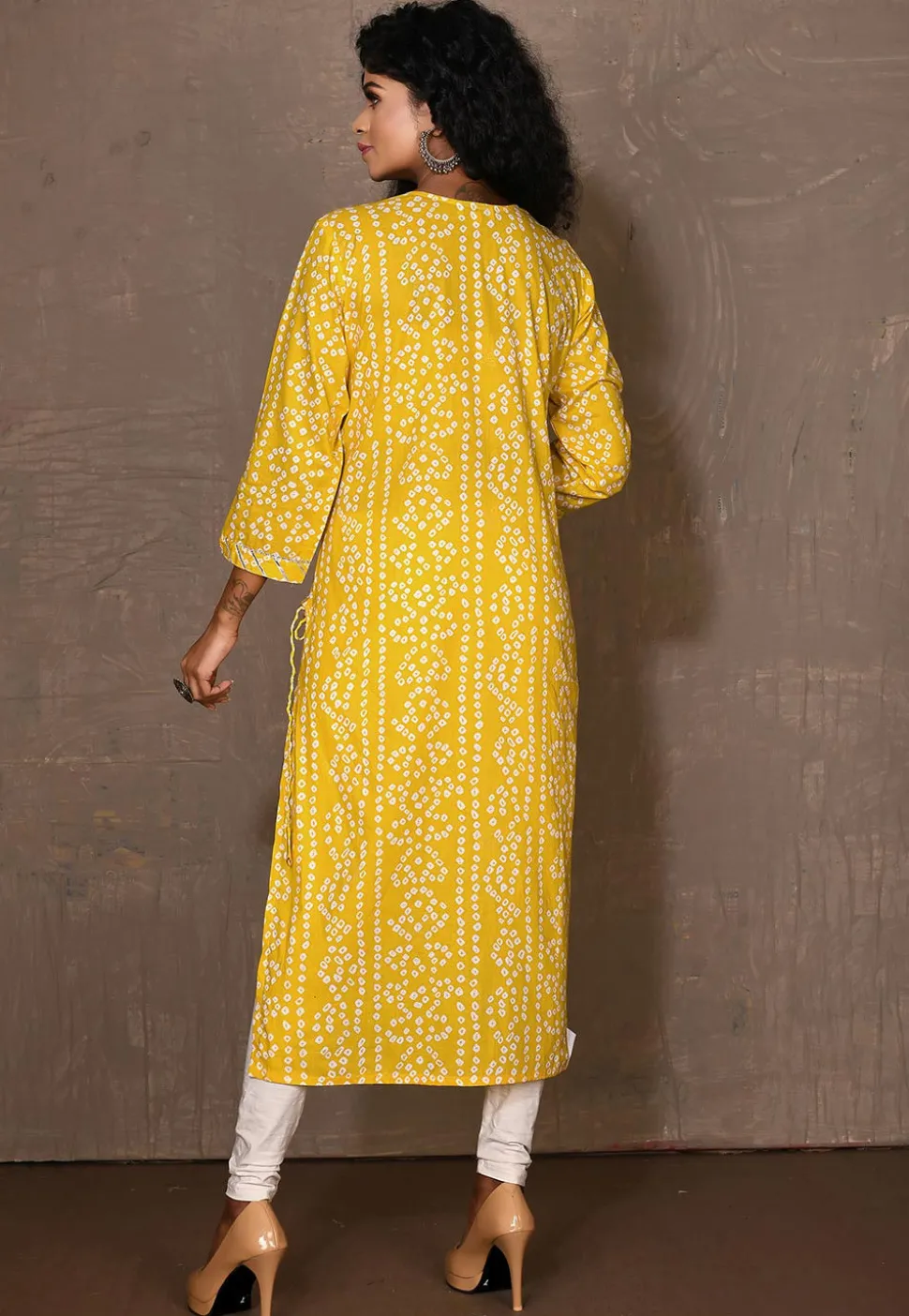 Bandhej Printed Cotton Kurta in Yellow