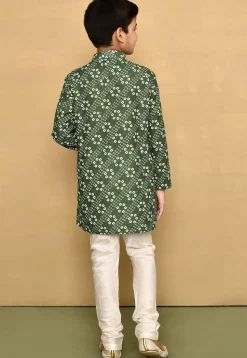 Bandhej Printed Cotton Kurta Set in Olive Green