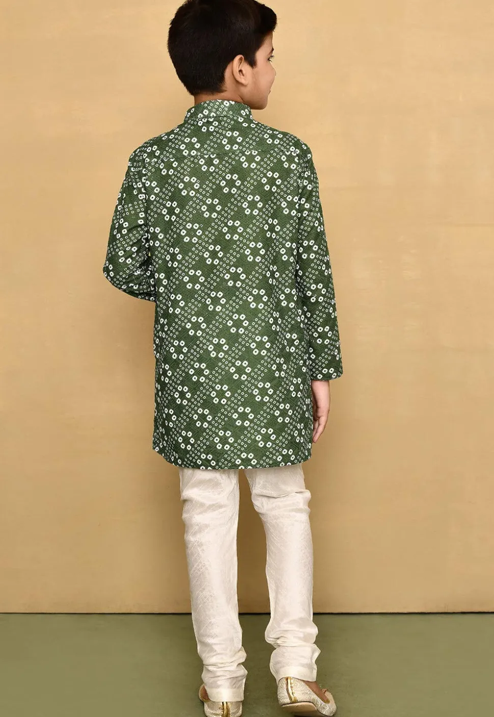 Bandhej Printed Cotton Kurta Set in Olive Green