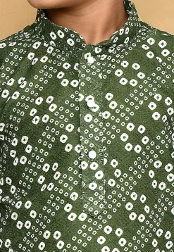 Bandhej Printed Cotton Kurta Set in Olive Green