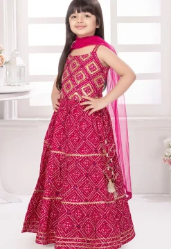 Bandhej Printed Cotton Lehenga in Fuchsia