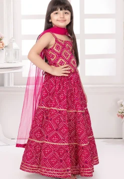 Bandhej Printed Cotton Lehenga in Fuchsia