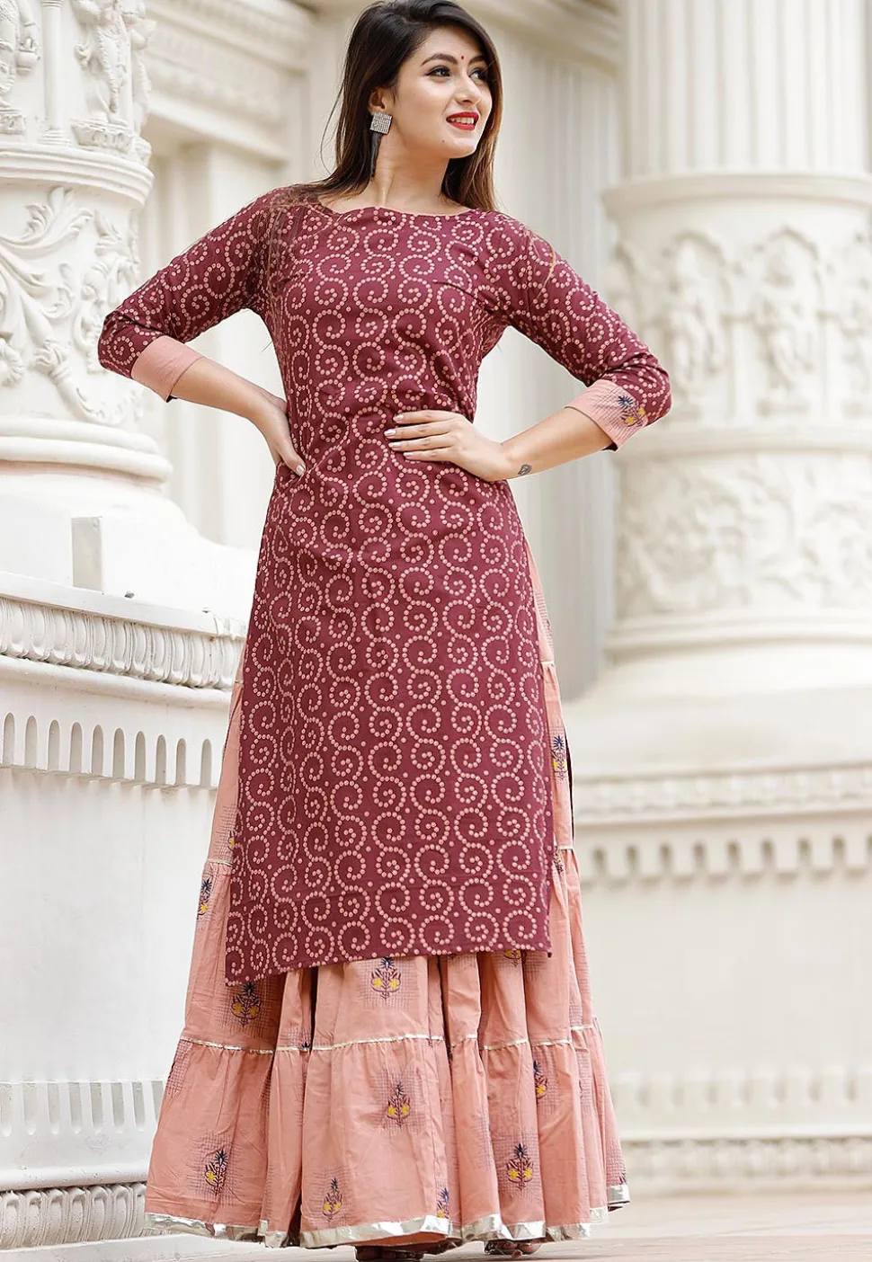 Bandhej Printed Cotton Lehenga in Wine