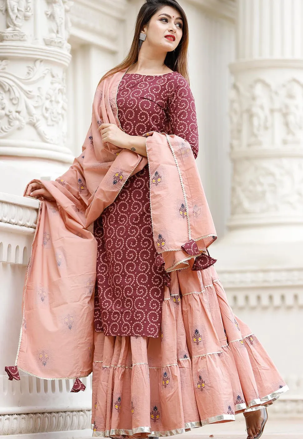 Bandhej Printed Cotton Lehenga in Wine