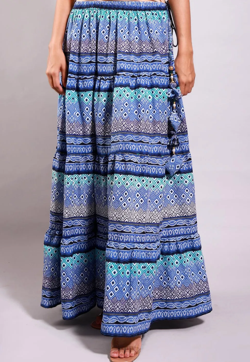 Bandhej Printed Cotton Long Skirt in Blue
