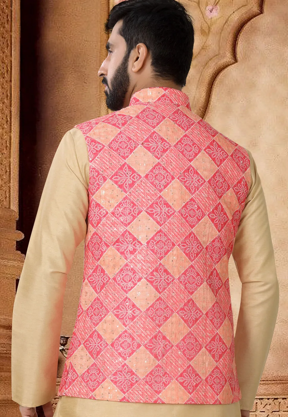 Bandhej Printed Cotton Nehru Jacket in Pink
