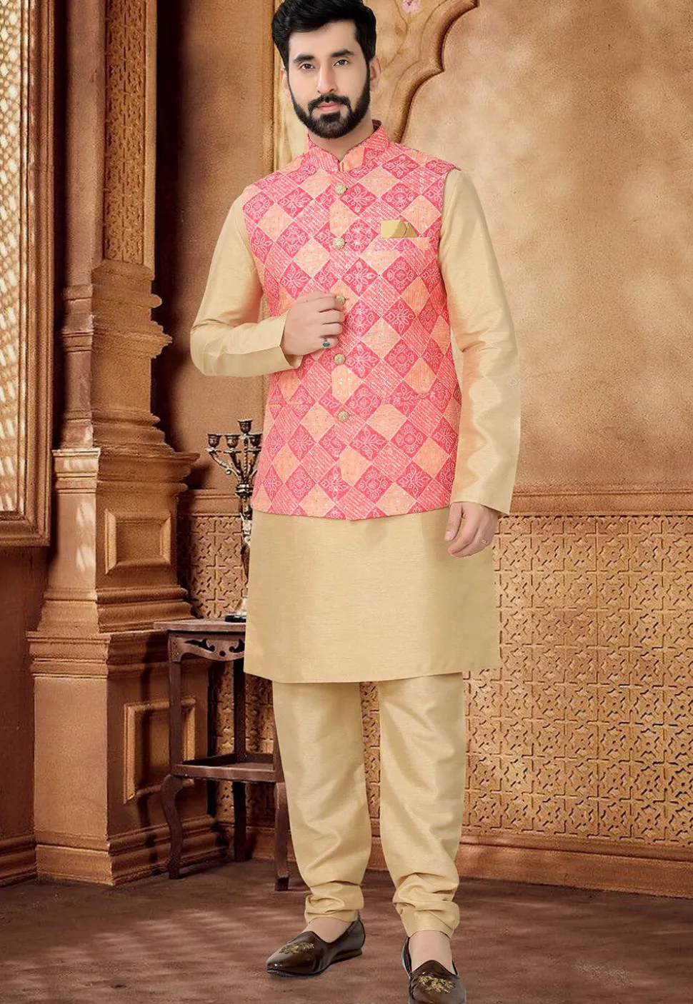 Bandhej Printed Cotton Nehru Jacket in Pink