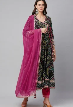 Bandhej Printed Cotton Pakistani Suit in Black