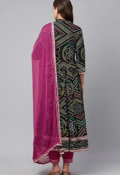 Bandhej Printed Cotton Pakistani Suit in Black
