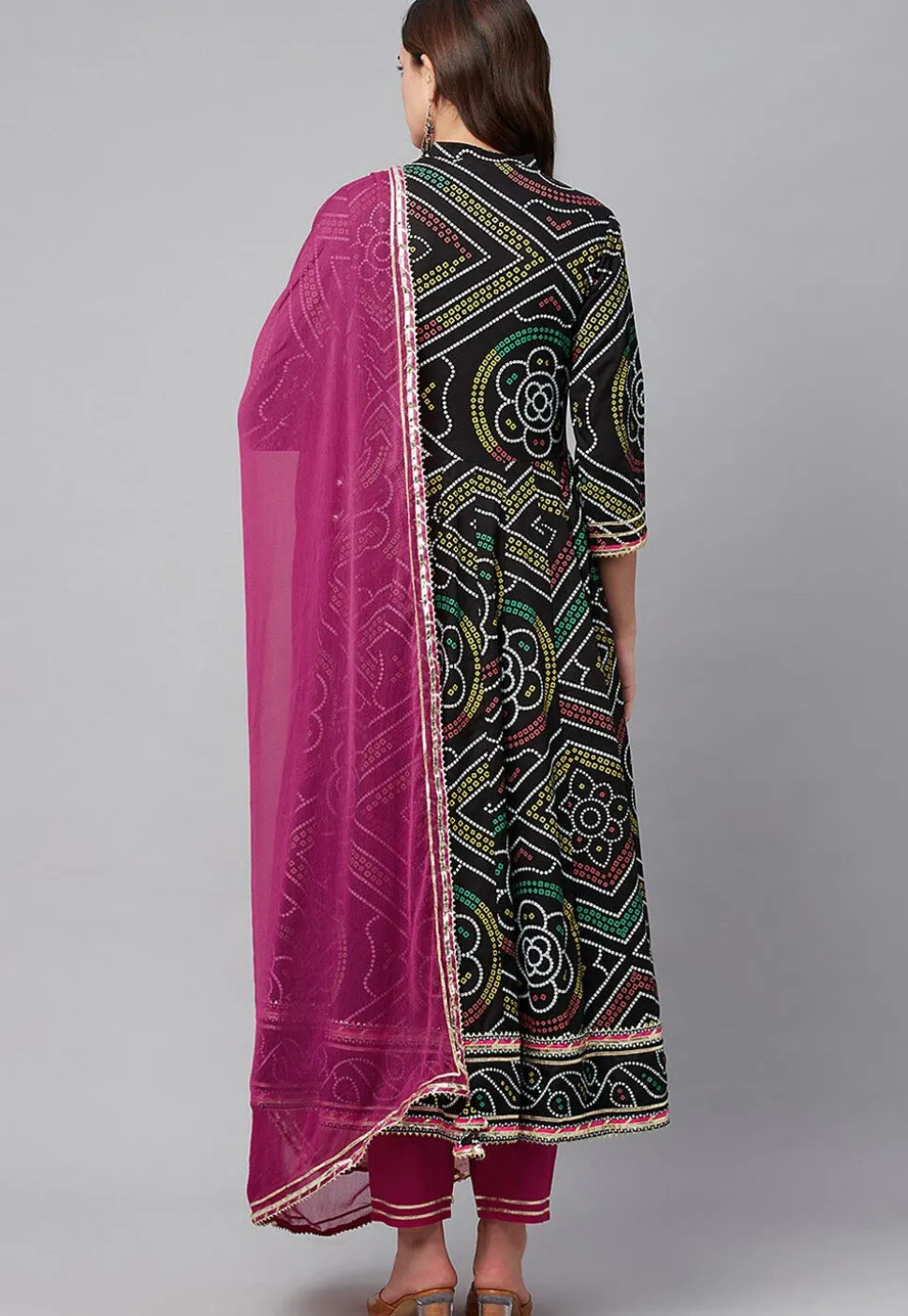 Bandhej Printed Cotton Pakistani Suit in Black
