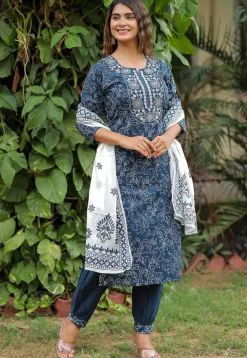 Bandhej Printed Cotton Punjabi Suit in Navy Blue