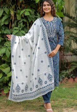Bandhej Printed Cotton Punjabi Suit in Navy Blue