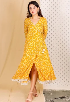Bandhej Printed Cotton Rayon Angrakha Style Kurta in Mustard