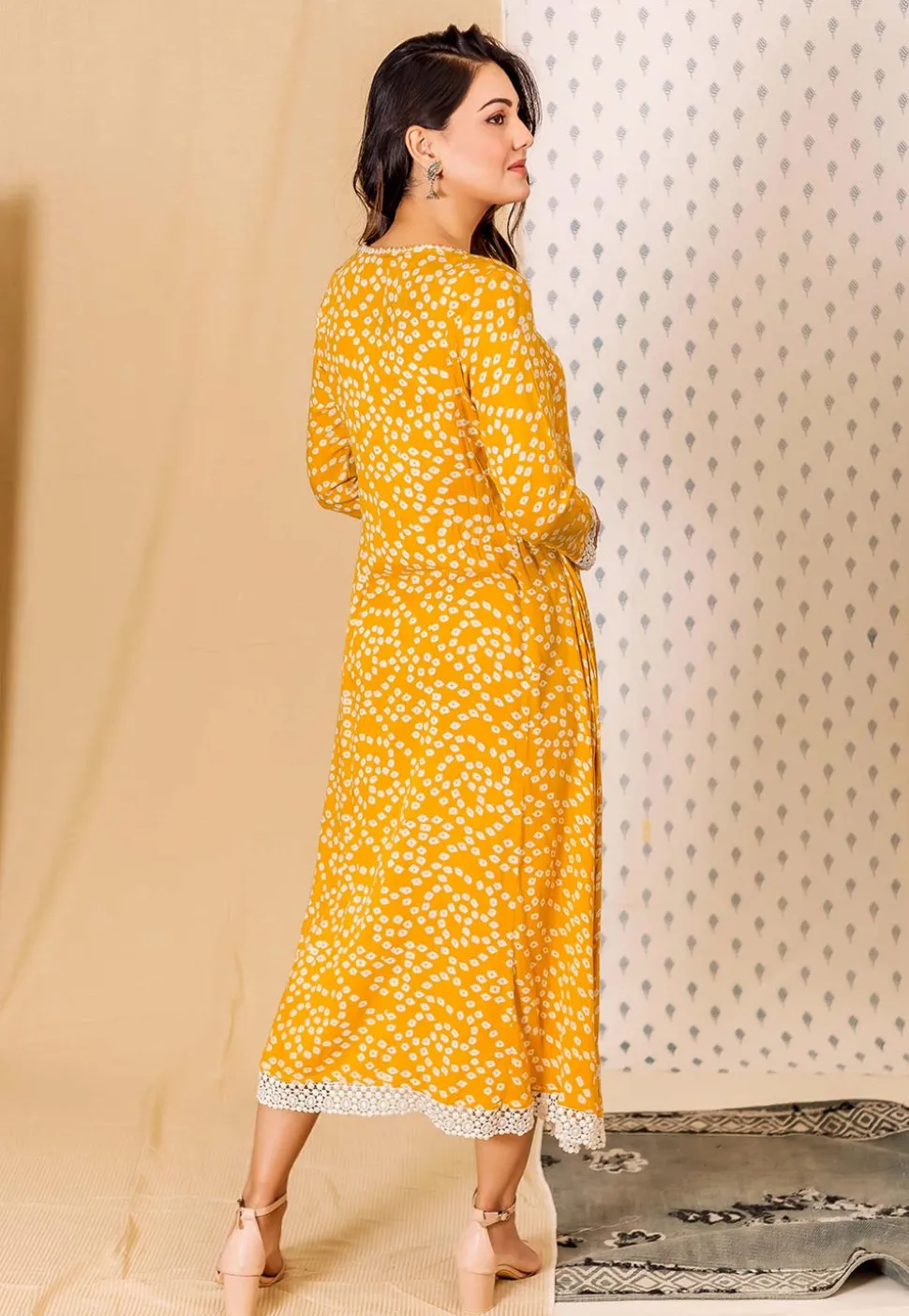 Bandhej Printed Cotton Rayon Angrakha Style Kurta in Mustard
