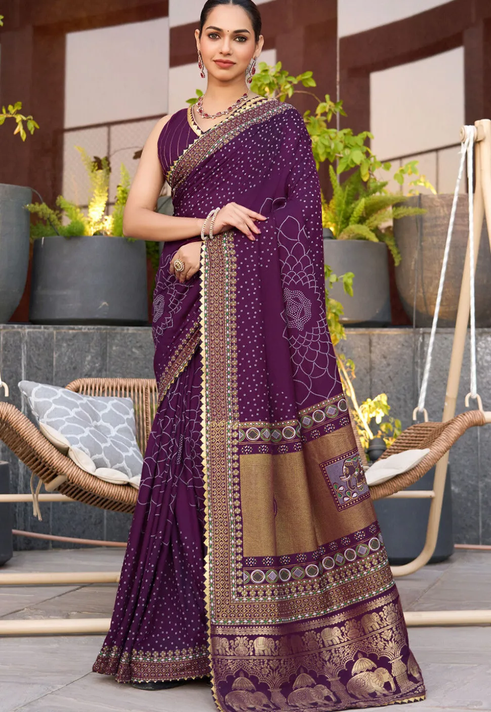 Bandhej Printed Cotton Saree in Violet