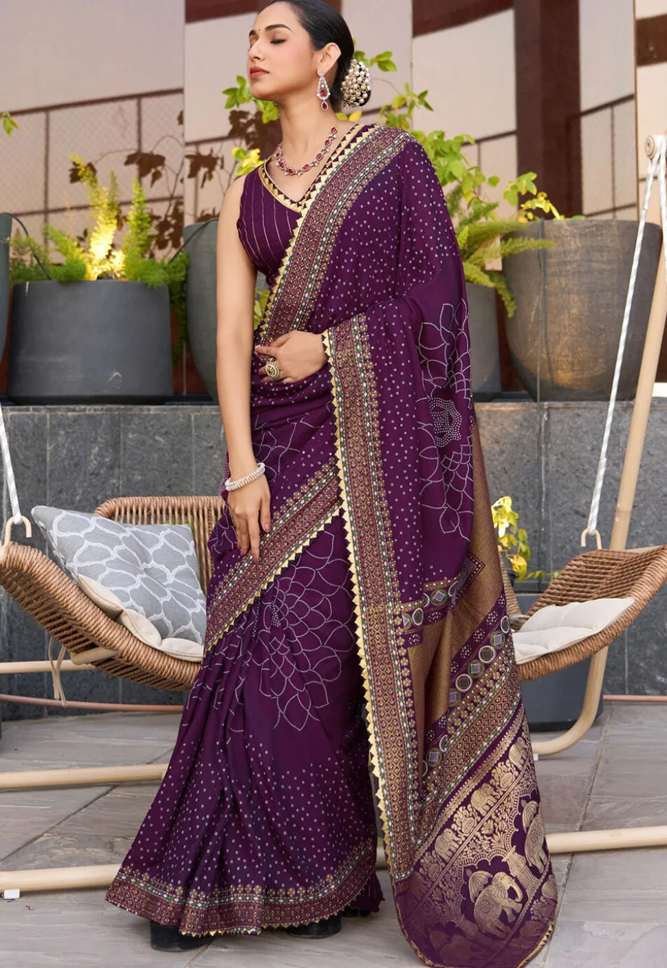 Bandhej Printed Cotton Saree in Violet