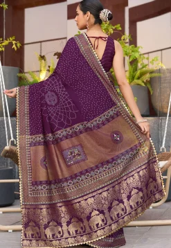 Bandhej Printed Cotton Saree in Violet