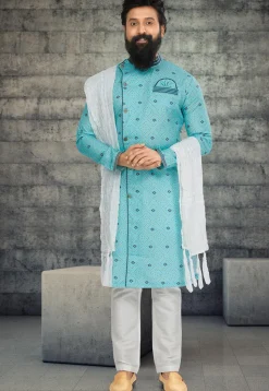 Bandhej Printed Cotton Silk Sherwani in Light Blue