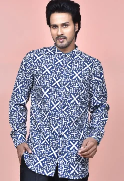 Bandhej Printed Cotton Silk Shirt in Navy Blue